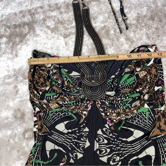 Made in USA top blouse black and chain detail halter style black printed stretch - Picture 4 of 9